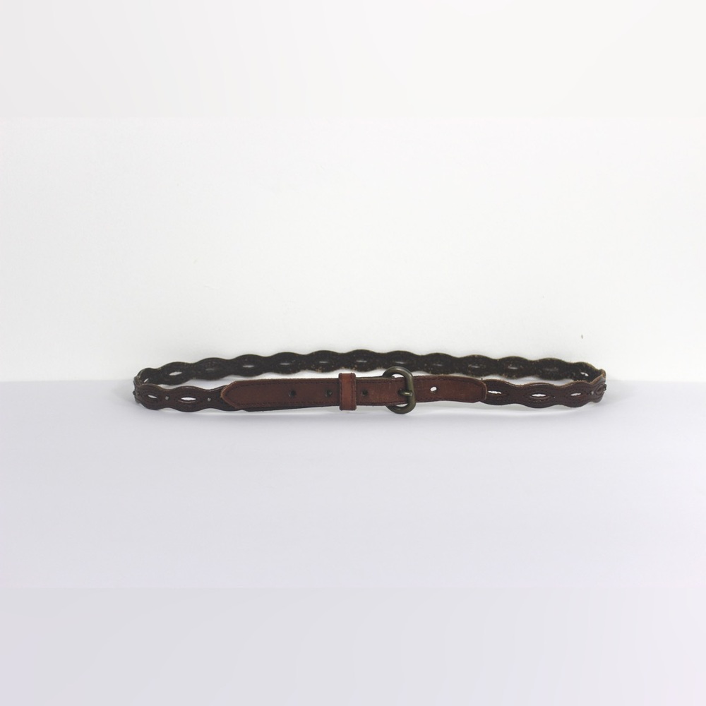 Vintage Skinny Worn in Dark Brown Leather Belt with Tiny Studs and Cutouts